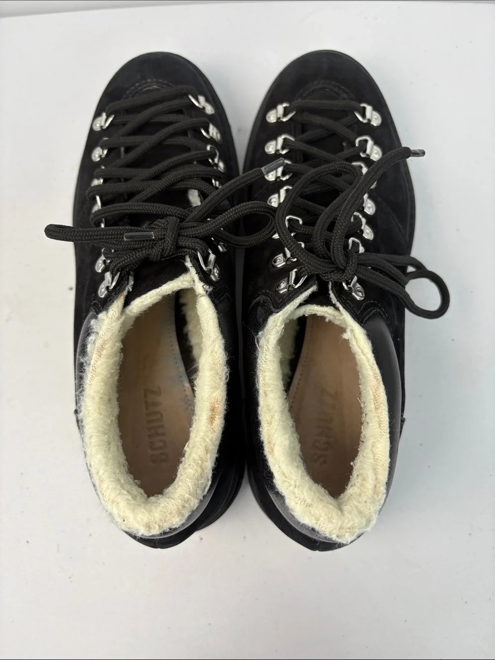 🪃 Schutz Black Suede Lace-Up Faux Shearling Lined Hikers Lucille